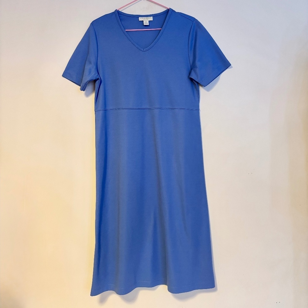 Appleseed’s Modest Short Sleeve V Neck Midi Dress Blue Womens Size Petite Small